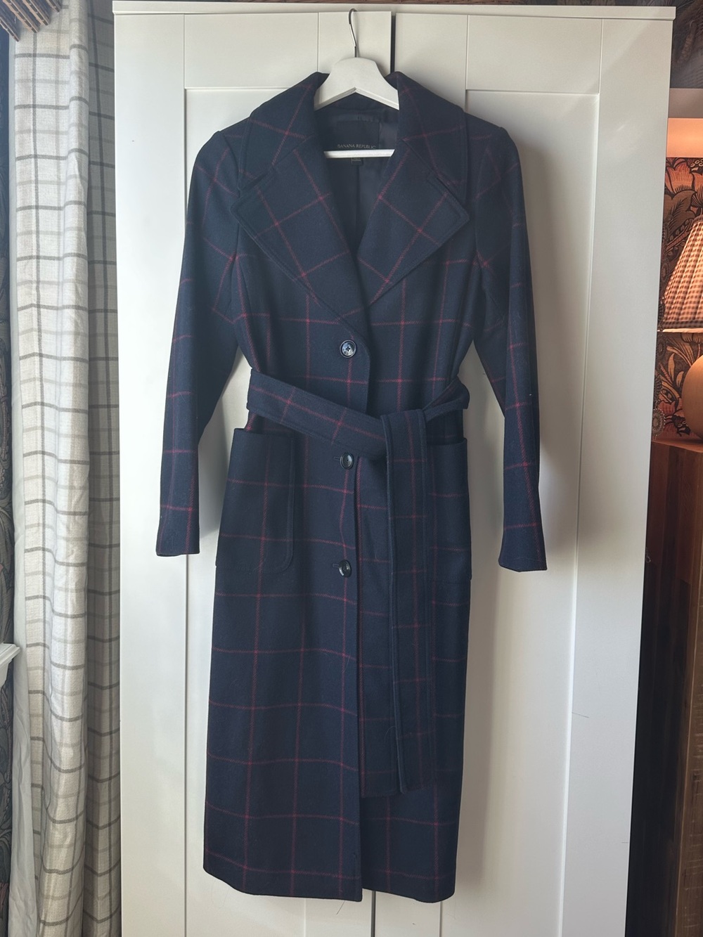 Banana Republic Navy Coat with Burgundy Windowpane